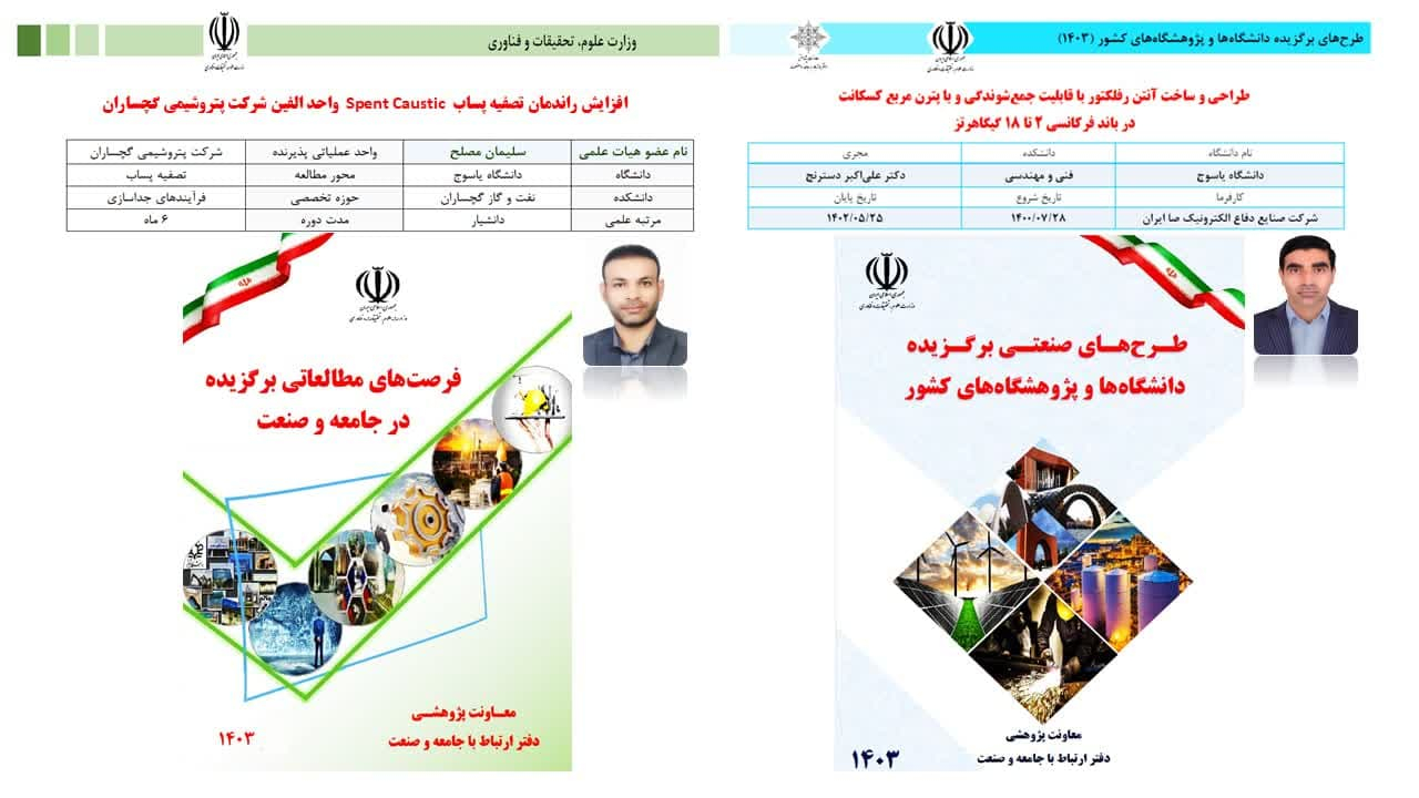 حضور دو عضو هیات علمی دانشگاه یاسوج در فهرست برترین طرح های صنعتی و فرصت های مطالعاتی برگزیده در صنعت دانشگاه ها و پژوهشگاه های کشور